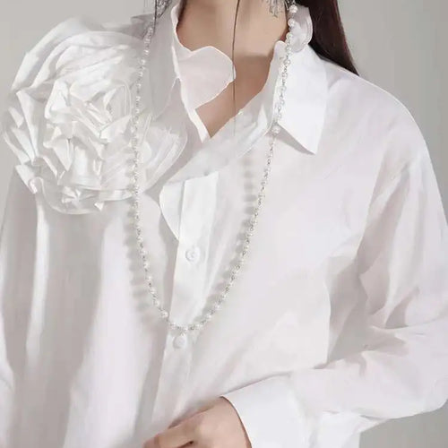 Load image into Gallery viewer, Women White Flower Big Size Long Blouse New Ruffles Collar Long Sleeve Shirt Fashion Tide Spring Autumn 2025 1DH4787

