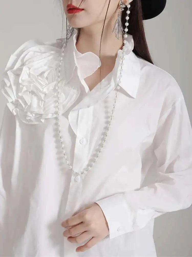 Women White Flower Big Size Long Blouse New Ruffles Collar Long Sleeve Shirt Fashion Tide Spring Autumn 2025 1DH4787