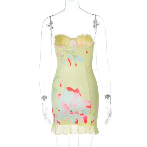 Load image into Gallery viewer, Off-shoulder Strapless Sexy Mini Dress For Women Robe Yellow Sleeveless Backless Ruffled Printed Club Dress Vestido
