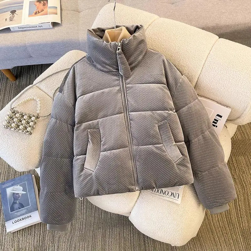 Korean Women Solid Long Sleeves Parkas Autumn Winter Warm Short Down Cotton Jacket Stand Collar Zipper Coat New Fashion Clothing
