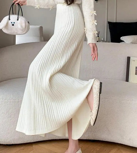 Vintage Women's Solid Elegant Party Knitted Long Skirt High Waist Pleated Warm Vacation A-line Skirts 2024 Autumn Winter Popular