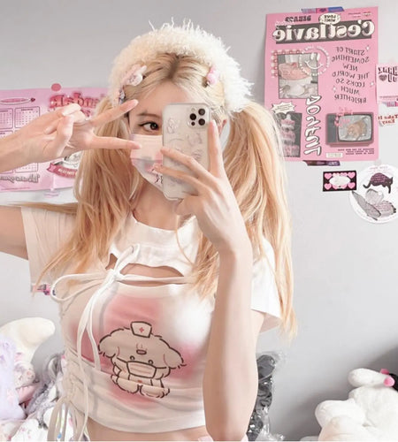 Ropa Mujer Crop Tshirts Bandage Fashion Summer Tees Hollow Out Drawstring Y2k Tops Print Casual Sweet T Shirt for Women