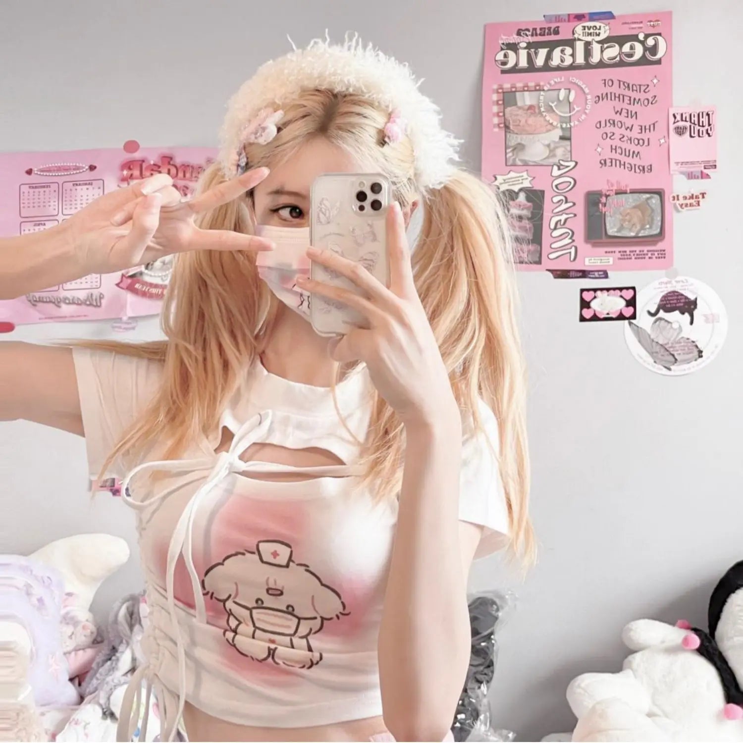 Ropa Mujer Crop Tshirts Bandage Fashion Summer Tees Hollow Out Drawstring Y2k Tops Print Casual Sweet T Shirt for Women