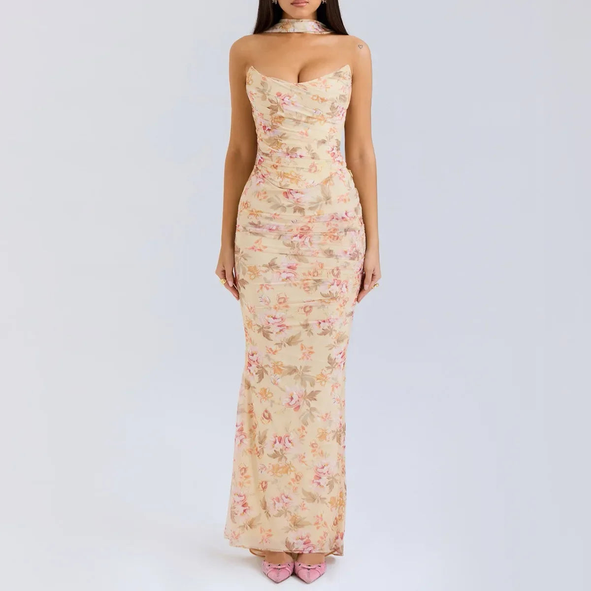 Elegant 2 Pieces Dress Set with Scarf Women Fashion Matching Sets Sexy Cropped Top and Long Dress Set Casual Dress