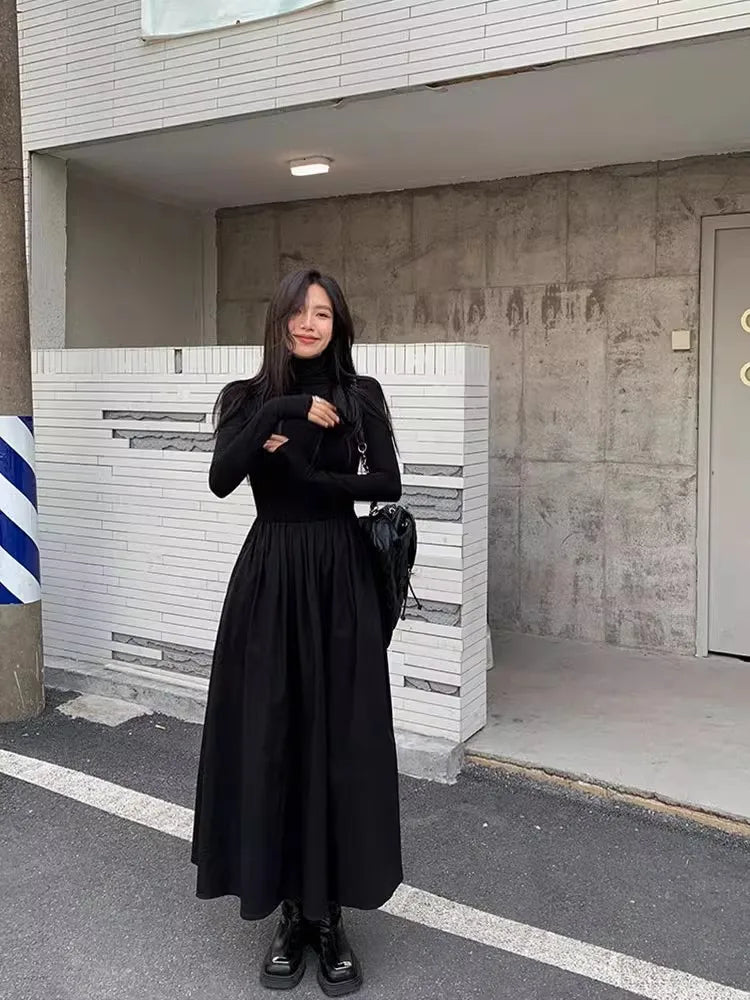 Women's New French Vintage Black Slim Temperament High-grade Temperament Knit Dress Autumn Winter Elegant Party Long Dress Trend