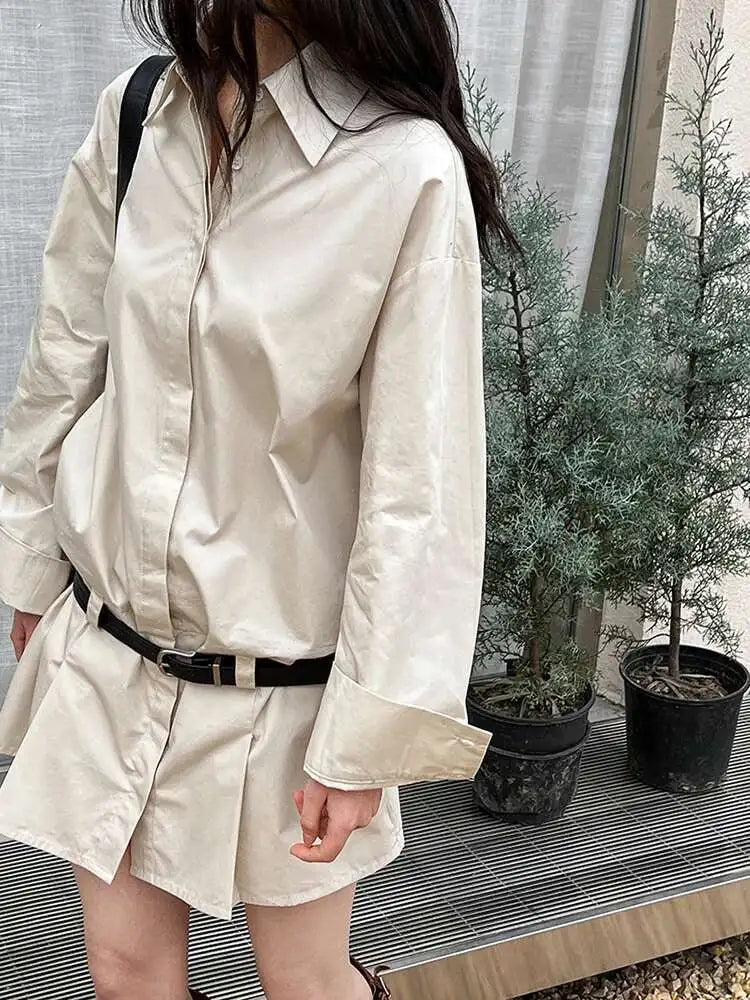 Women White Hem Pleated Elegant Big Size Mini Shirt Dress New Lapel Long Sleeve Fashion Tide Spring Autumn 2025 1DH9552