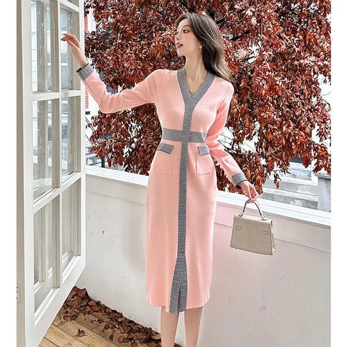 Load image into Gallery viewer, Autumn Winter French Patchwork Long Sleeves Festival Knitted Dresses Women's Elegant V Neck High Waist Wrap Hip Dress Streetwear
