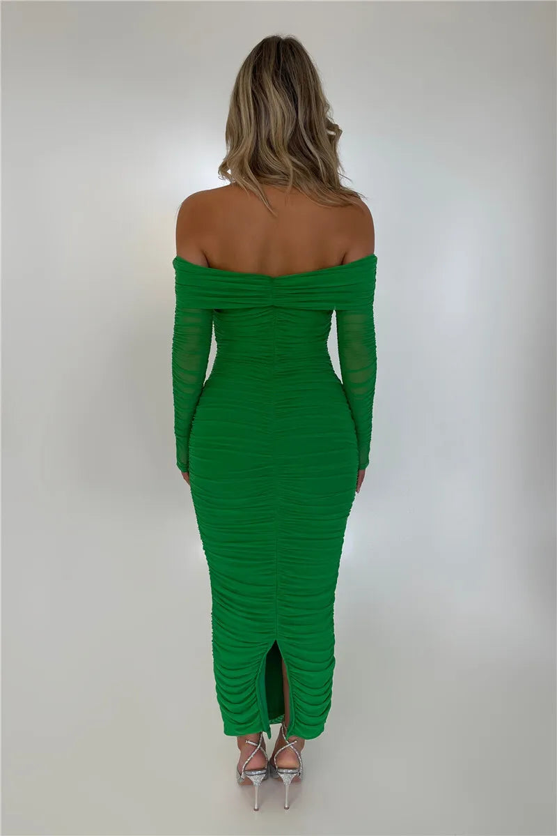 Off-shoulder Long Sleeve Sexy Maxi Dress For Women Autumn New Strapless Backless Bodycon Ruched Party Long Dress