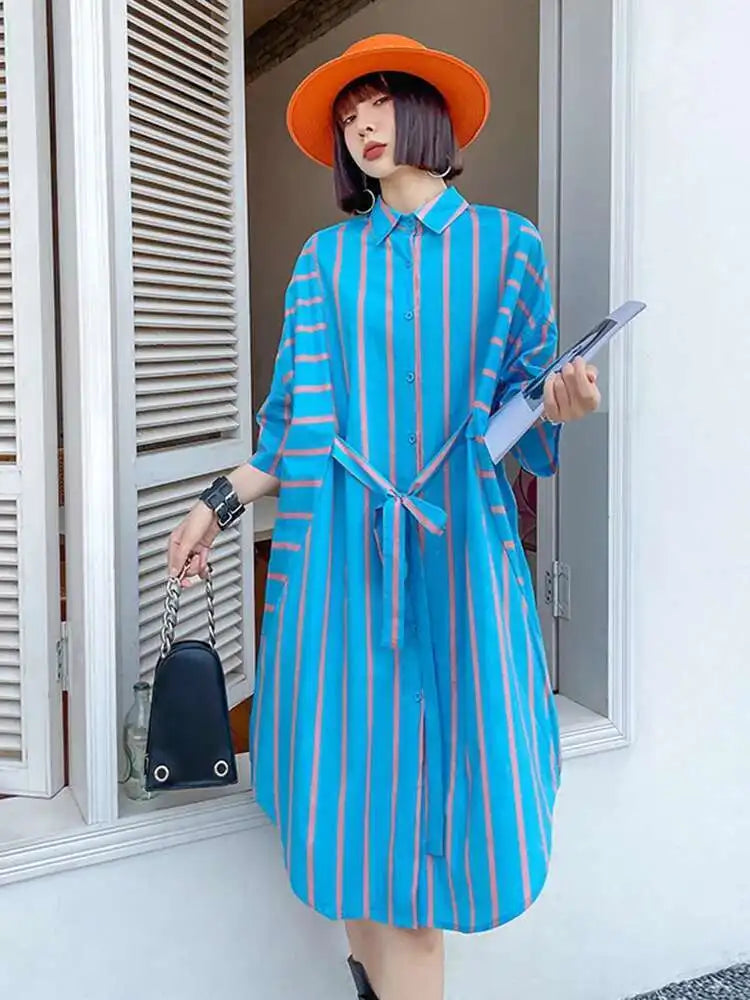 Women Blue Striped Bandage Big Size Knee-Length Shirt Dress New Lapel Long Sleeve Fashion Tide Spring Autumn 2025 1DH4539
