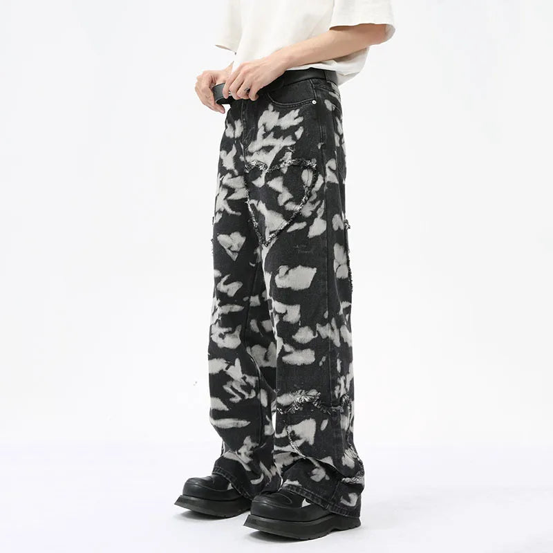 High Street Men's Denim Pants Printing Patchwork Loose Trousers Straight Wide Leg Casual Male Bottom Fashion Menwear 9C7038