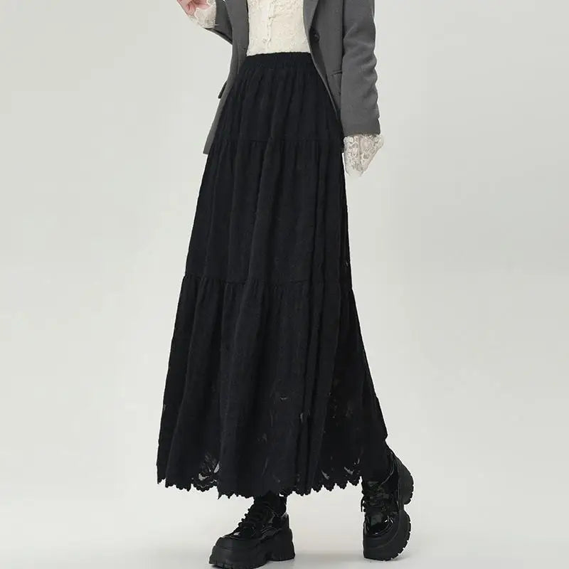 French Women Solid Velvet Lace Elegant Vacation Pleated Long Skirt 2024 Autumn Winter New High Waist Party Skirt Fashion Popular