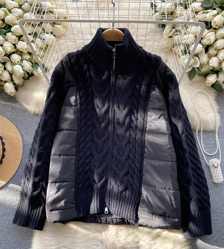 Black Warm Loose Twist Knitted Cardigan Patchwork Cotton Coat Women Autumn Winter Casual Zip-up Sweater Tops Vintage Streetwear