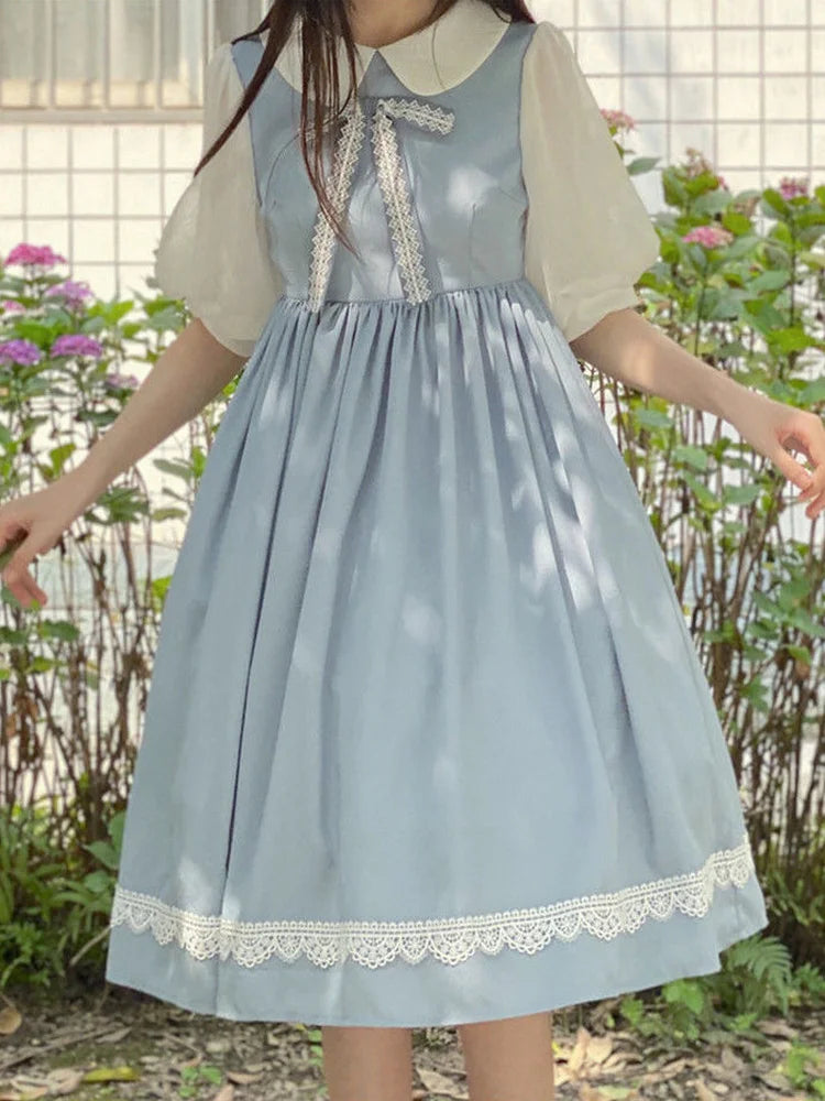 Sweet Kawaii Lolita Dress Women Preppy Style School Puff Sleeve Dresses Cute Peter Pan Collar Student Clothes Summer