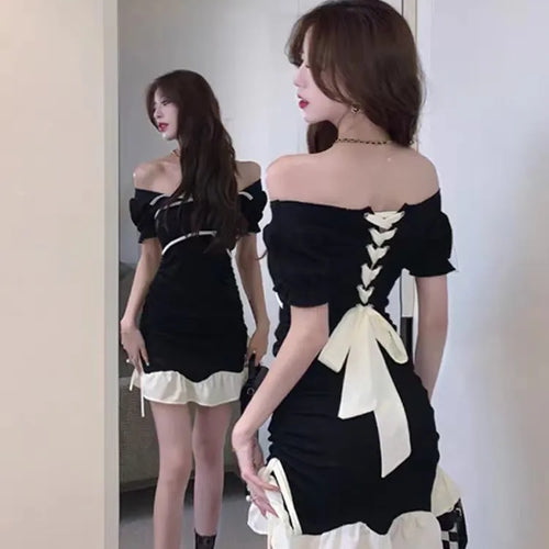 Load image into Gallery viewer, Y2k Bandage Sexy Bodycon Black Dress Women Korean Wrap Puff Sleeve Mini Short Dresses Party Ruffles Backless Fashion
