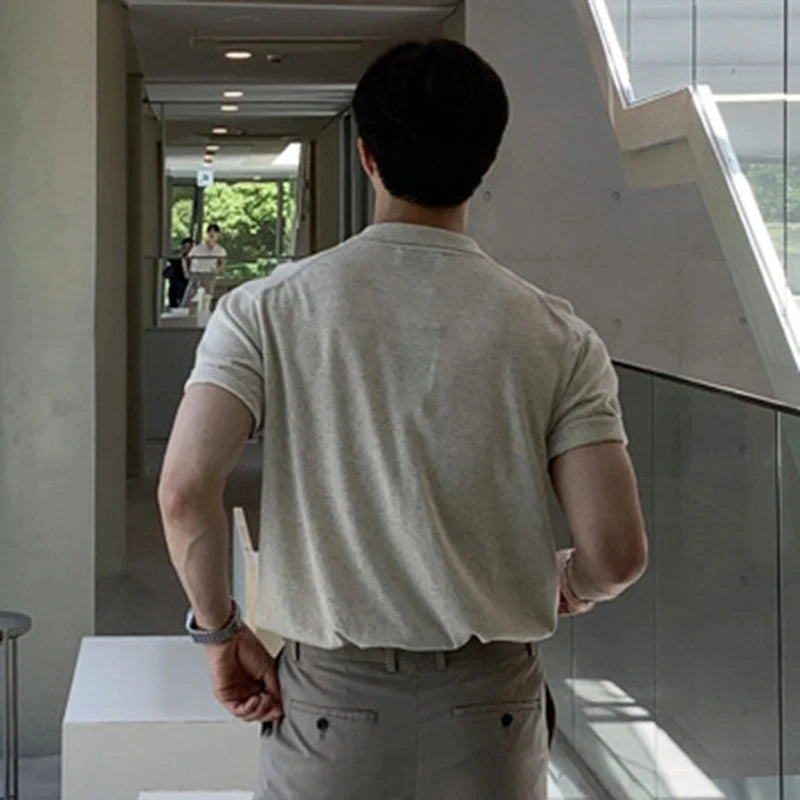 Men's Knitted Short Sleeve T-shirt Youth Handsome Turn-down Neck T-shirts New Korean Summer Loose Top Trendy 2025 9W1359