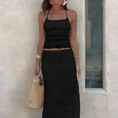 Load image into Gallery viewer, Chiffon Lace Sexy Skirt Two Piece Sets Women Halter Crop Tops And Maxi Skirt Ladies Fashion Woman Long Dress Set
