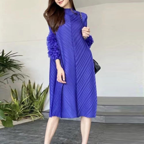 Load image into Gallery viewer, Spring Folds Dresses For Women Half High Collar Puff Sleeve High Waist Oversize Midi Dress Female Fashion Clothes
