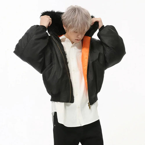 Load image into Gallery viewer, Korean Style Men&#39;s Cotton Coats Fur Collar Hooded Casual Menswear Solid Color Zipper Patchwork Male Padded Jackets 9C9223
