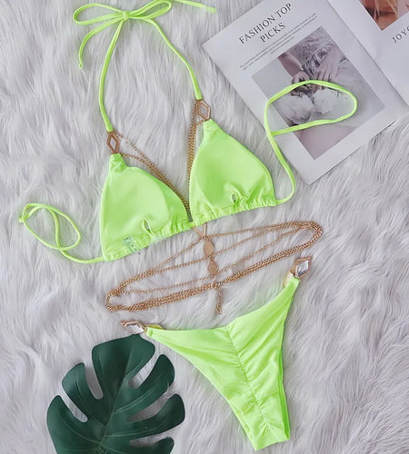 Luxury Rhinestone Chain Bikini 2024 Sexy Push Up Swimwear Women Brazilian Swimsuit Halter Biquini Bikini Two Pieces Bathing Suit