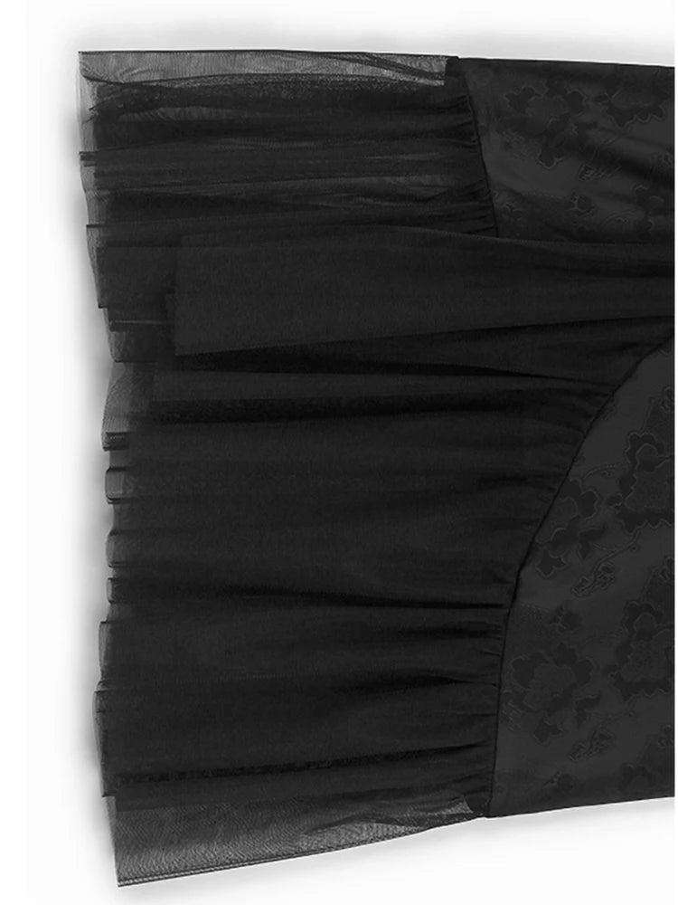 Women Black Jacquard Buckle Mesh Big Size Midi Dress New Stand Collar Short Sleeve Fashion Tide Spring Summer 2025 1DJ1231