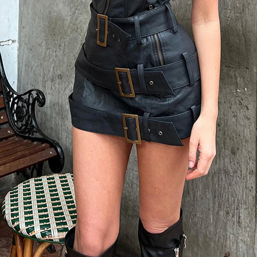 Load image into Gallery viewer, Streetwear Fashion Belt Leather Skirt Female Buckle Punk Style Party Mini Skirts Gothic Clubwear Super Short Outfits
