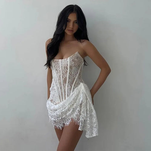 Load image into Gallery viewer, Lace Strapless Ruched Sexy Mini Dress For Women Fashion Fishbone Off-shoulder Sleeveless Backless Club Party Dress
