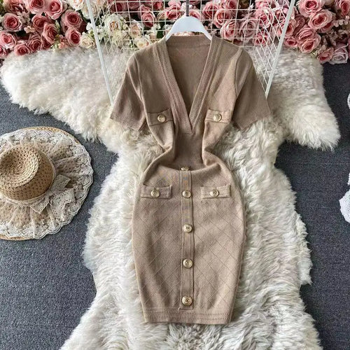 Load image into Gallery viewer, Women 2024 Solid Deep V-neck Short-sleeved Elegant A-line Dress Spring Summer Single Breasted Office Knit Wrap Hip Short Dresses
