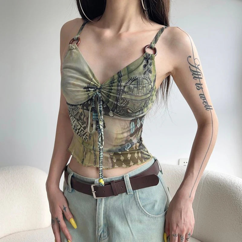 Grunge Fairycore Sexy Mesh Top Strap Drawstring Printed Transparent Summer Crop Tops Women Camisole 2000s Aesthetic