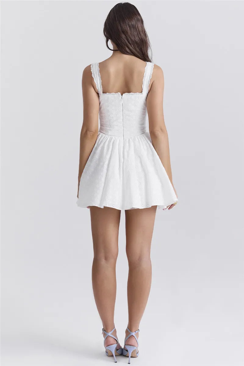 White English Embroidered Belted Mini Dress For Women Fashion V Neck Sleeveless Backless A-line Club Party Sexy Dress