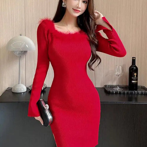 Load image into Gallery viewer, Women's Red Knitted Fur Neck Mini Dresses Female Autumn Winter Black Sexy Club Wrap Hip Versatile Pink Split Dress New 2023 Chic
