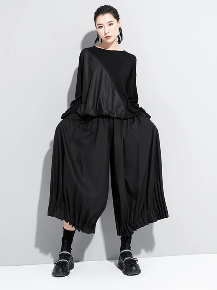High Elastic Waist Black Pleated Split Wide Leg Trousers New Loose Fit Pants Women Fashion Tide Spring Autumn 2025 1DA618