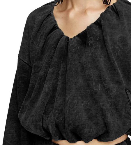 Solid Loose Spliced Folds Minimalist Sweatshirts for Women V Neck Long Sleeves Fashion Short Sweatshirt Female New