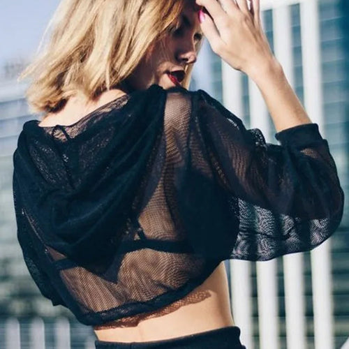 Load image into Gallery viewer, Womens Hollow Mesh Net Hooded T-Shirt Short Sleeve Tee Tops Transparent Black Swxy Clubwear Party
