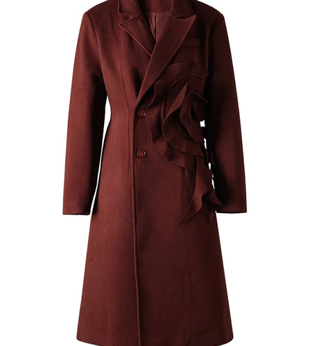 Beige Flower Elegant Long Warm Woolen Coat New Lapel Long Sleeve Women Jacket Fashion Tide Autumn Winter 2025 3WM2155