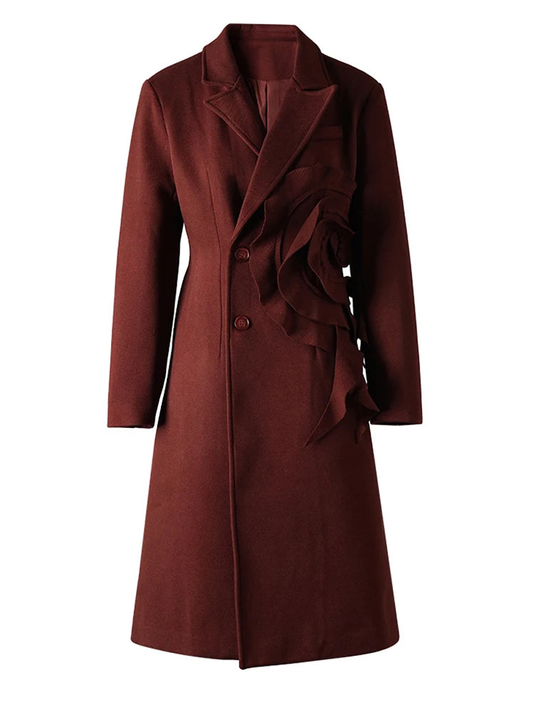 Beige Flower Elegant Long Warm Woolen Coat New Lapel Long Sleeve Women Jacket Fashion Tide Autumn Winter 2025 3WM2155