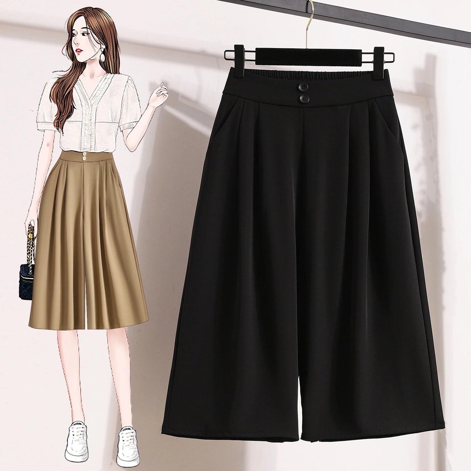Spring Summer 2025 Black Office Wide Leg Seven Point Pants Women Khaki High Waist Baggy Fashion Festival Pleated Trousers Simple