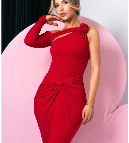 Elegant Single Sleeve Irregular Hollow Out Bodycon Party Club Evening Dress Women Sexy Fold Spring/Summer New Vestido