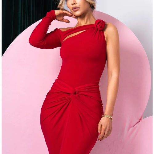 Load image into Gallery viewer, Elegant Single Sleeve Irregular Hollow Out Bodycon Party Club Evening Dress Women Sexy Fold Spring/Summer New Vestido
