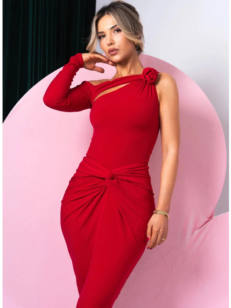 Elegant Single Sleeve Irregular Hollow Out Bodycon Party Club Evening Dress Women Sexy Fold Spring/Summer New Vestido