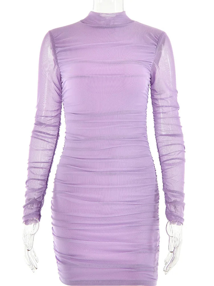 O- Neck Contrast Long Sleeve Women's Dress Party Street Stretchy Tight Ruffle Female Mini Dress Fashion Autumn 2023 New