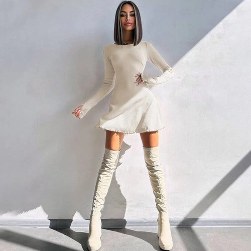 Load image into Gallery viewer, Ribbed Long Sleeve Sexy Mini Dress For Women Autumn Winter New O Neck Bandage Lace-up Fashion Elegant Dress Vestidos
