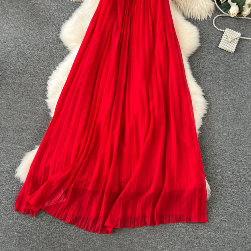Load image into Gallery viewer, Red Loose Halter Bandage Long Dresses French Elegant Women's Summer Vacation Dress Off Shoulder Sleeveless Pleated Sundress Chic
