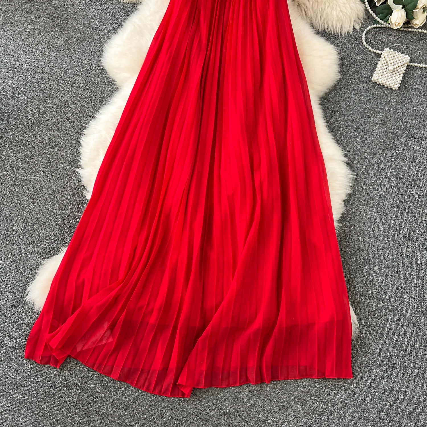 Red Loose Halter Bandage Long Dresses French Elegant Women's Summer Vacation Dress Off Shoulder Sleeveless Pleated Sundress Chic