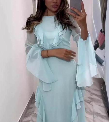 Elegant Long Sleeved Ruffled Bodycon Women Dress Fall 2024 New Mesh Hollow Out Evening Dress Slim Fit Party Club Vestidos