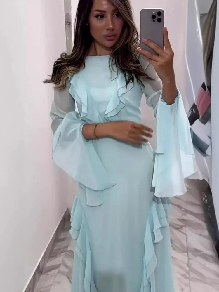 Elegant Long Sleeved Ruffled Bodycon Women Dress Fall 2024 New Mesh Hollow Out Evening Dress Slim Fit Party Club Vestidos