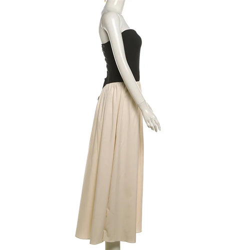 Load image into Gallery viewer, Patchwork Off-shoulder Sexy Maxi Dress For Women Contrasting Color Strapless Sleeveless Backless Lace-up Sexy Dress
