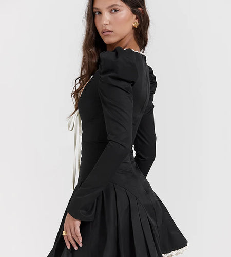 Lace Bandage Puff Sleeve Mini Dress For Women 2023 Autumn Winter New Square Collar Ruched Dress Vintage Elegant