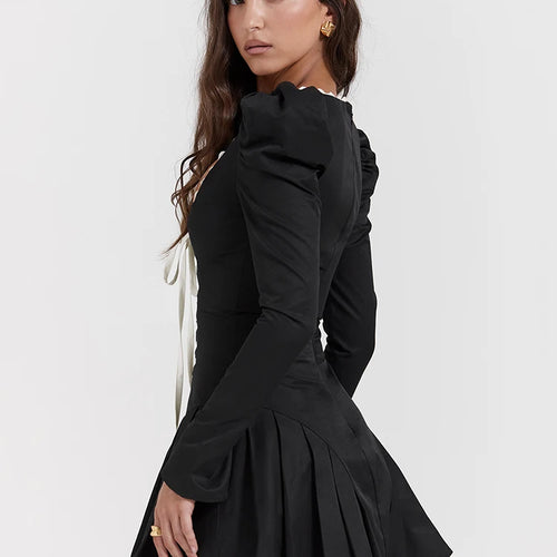 Load image into Gallery viewer, Lace Bandage Puff Sleeve Mini Dress For Women 2023 Autumn Winter New Square Collar Ruched Dress Vintage Elegant
