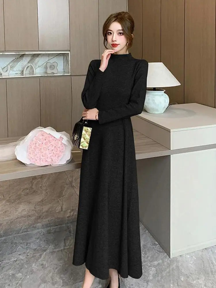 Solid Knitted Sweater Dresses For Women Party Clothing Half Turtleneck Autumn Winter 2023 A-line Warm Long Dress Vintage Casual