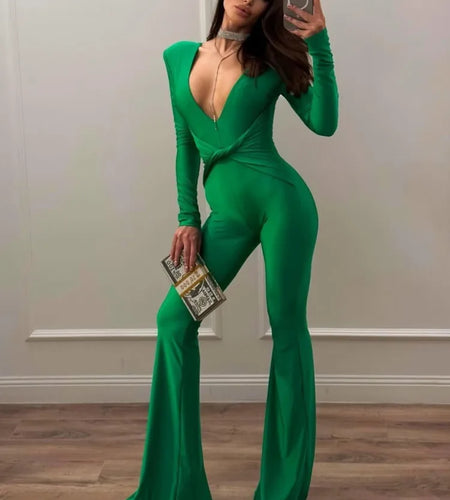 Sexy Deep V Long Sleeved Elastic Tight Bell Bottom Jumpsuit Women Temperament Slim Party Jumpsuit Fashion Casual Rompers